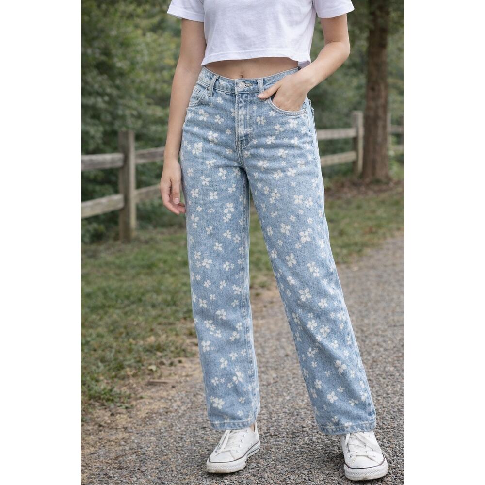 Old Navy Girls Jeans Size 12 OG Straight High Rise Floral Denim Adjustable Waist